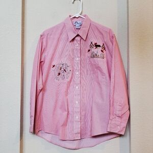 Rainbow Long Sleeve Embroidered Striped Academia Costal Grandma Shirt.  Size Lrg